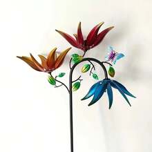 Large Stainless Steel Wind Up Metal Flower Butterfly Windmill - 3 Rotating Colourful Flowers & Butterflies, Weather Resistant Outdoor Patio Art Decoration For Deck, Patio, Patio Decoration, Whimsical Designs