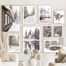 1 pieza /Set de 3 pósters de arte de pared Opcionales con marco Amanecer del viaje, bosque, montaña, lago, cabañas, piñas, invierno, nieve, impresiones en lienzo, pintura de arte nórdico para decoración del hogar