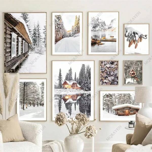 1pc /3PCS Wall Arts Posters Optional Frame Travel Sunrise Forest Mountain Lake Posters Cabin Wood Pinecone Winter Snow Prints Canvas Painting Nordic Wall Art Pictures Home Decor