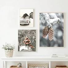 1 pieza /Set de 3 pósters de arte de pared Opcionales con marco Amanecer del viaje, bosque, montaña, lago, cabañas, piñas, invierno, nieve, impresiones en lienzo, pintura de arte nórdico para decoración del hogar