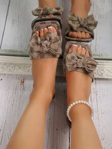 Ladies' Summer Fashionable Printed Bow Open - Toe Flat Slide Sandals: A Sweet Choice For Daily Leisure - Brown - View 3