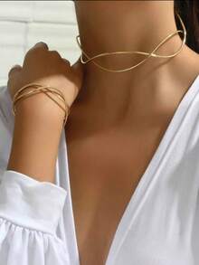 1 套女士金色不对称金属风格开口项链 + 手链组合