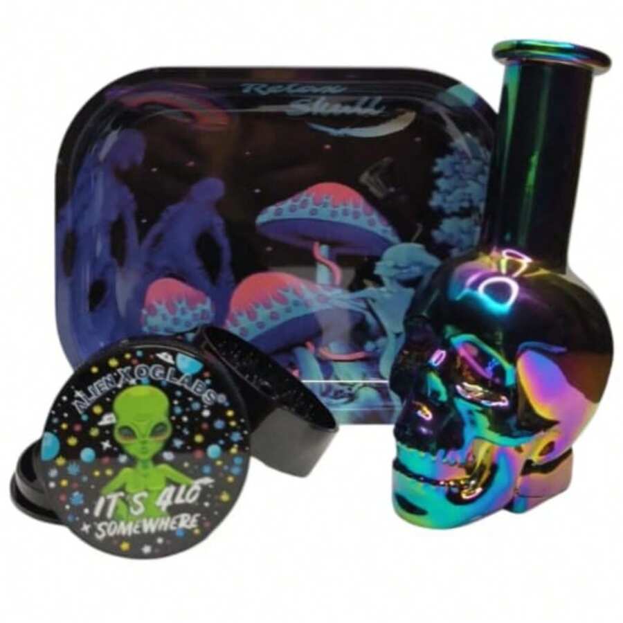 Kit de Accesorios para Fumador de 3 Piezas, Charola Metalica, y Grinder Acrilico y Vaso Decorativo - Azul Marino - Ver 1