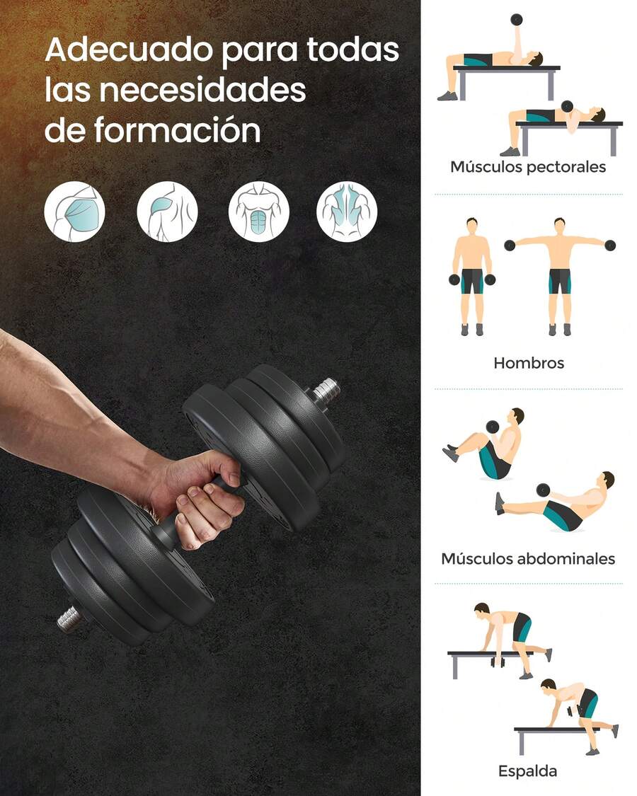 Juego de Mancuernas 2 en 1, Mancuernas Ajustables de 2 x 10 kg, con Barra Adicional, Placas de Peso Recubiertas de Plástico, Entrenamiento de Fitness, Gimnasio de Casa, Negro Tinta - Tinta negra - Ver 1