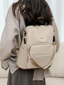 Ladies' Spliced Contrasting Casual Large Capacity Backpack, Simple And Versatile Shoulder Bag, Student Backpack, Mommy Bag, Commuting Bag, Suitable For Travel, Student Design, With Fur Ball Pendant - Beige - View 4