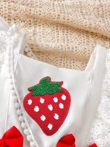 Girls' Summer Sleeveless Dress With Strawberry Embroidery, Fruit Elements, Soft Fabric, Skin-Friendly, Casual Style, Fits 4-7 Years Old, With Crossbody Strap Accessory - Red - View 4