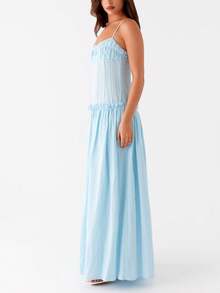 Women Y2K Maxi Dress Elegent Solid Color Spaghetti Strap Square Neck Pleated Front Flowy Long Dress Summer Backless Sleeveless Ruched Ruffle Hem Going Out Cami Dresses Party Club Beach Vacation Sundress - 藍色 - 查看 4