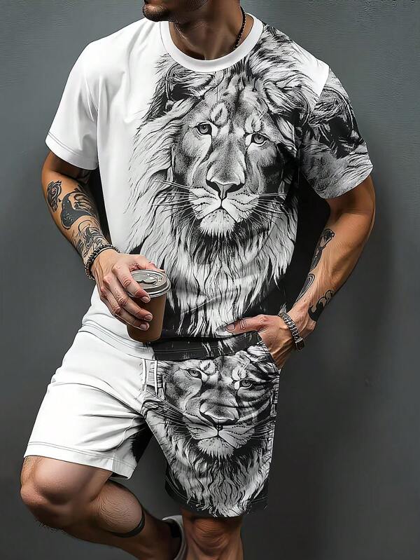 Ensemble t-shirt à manches courtes col rond avec imprimé graphique de lion et short à cordon de serrage taille. Tenue décontractée d'été polyvalente pour hommes
