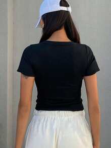 Customized V-Neck T-Shirts, You Can Add Photos (Selfies/Patterns/Pets/Pets/Family Photos, Etc.), Personalized T-Shirts, Suitable For Sports And Leisure Occasions And Daily Wear. Personalized Clothing With A Sense Of Design, Unique Gifts, Personalized Women's Sportswear, Women's Cropped Tops, V-Neck T-Shirts, Custom Sports Tops, Custom Women's V-Neck T-Shirts, Spring And Summer Women's Clothing. Black - Black - View 3
