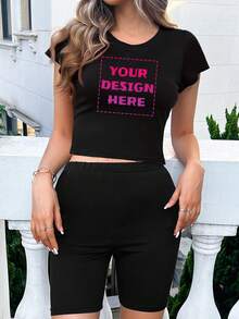 Customized V-Neck T-Shirts, You Can Add Photos (Selfies/Patterns/Pets/Pets/Family Photos, Etc.), Personalized T-Shirts, Suitable For Sports And Leisure Occasions And Daily Wear. Personalized Clothing With A Sense Of Design, Unique Gifts, Personalized Women's Sportswear, Women's Cropped Tops, V-Neck T-Shirts, Custom Sports Tops, Custom Women's V-Neck T-Shirts, Spring And Summer Women's Clothing. Black - Black - View 5