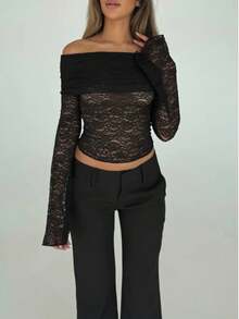 Women Y2k Lace Sheer Crop Tops Flared Long Sleeve Off The Shoulder Slim Fit T Shirt Chiffon Floral See Through Summer Going Out Blouse Tops Tees Club Streetwear Aesthetic Clothes - 黑色 - 查看 2