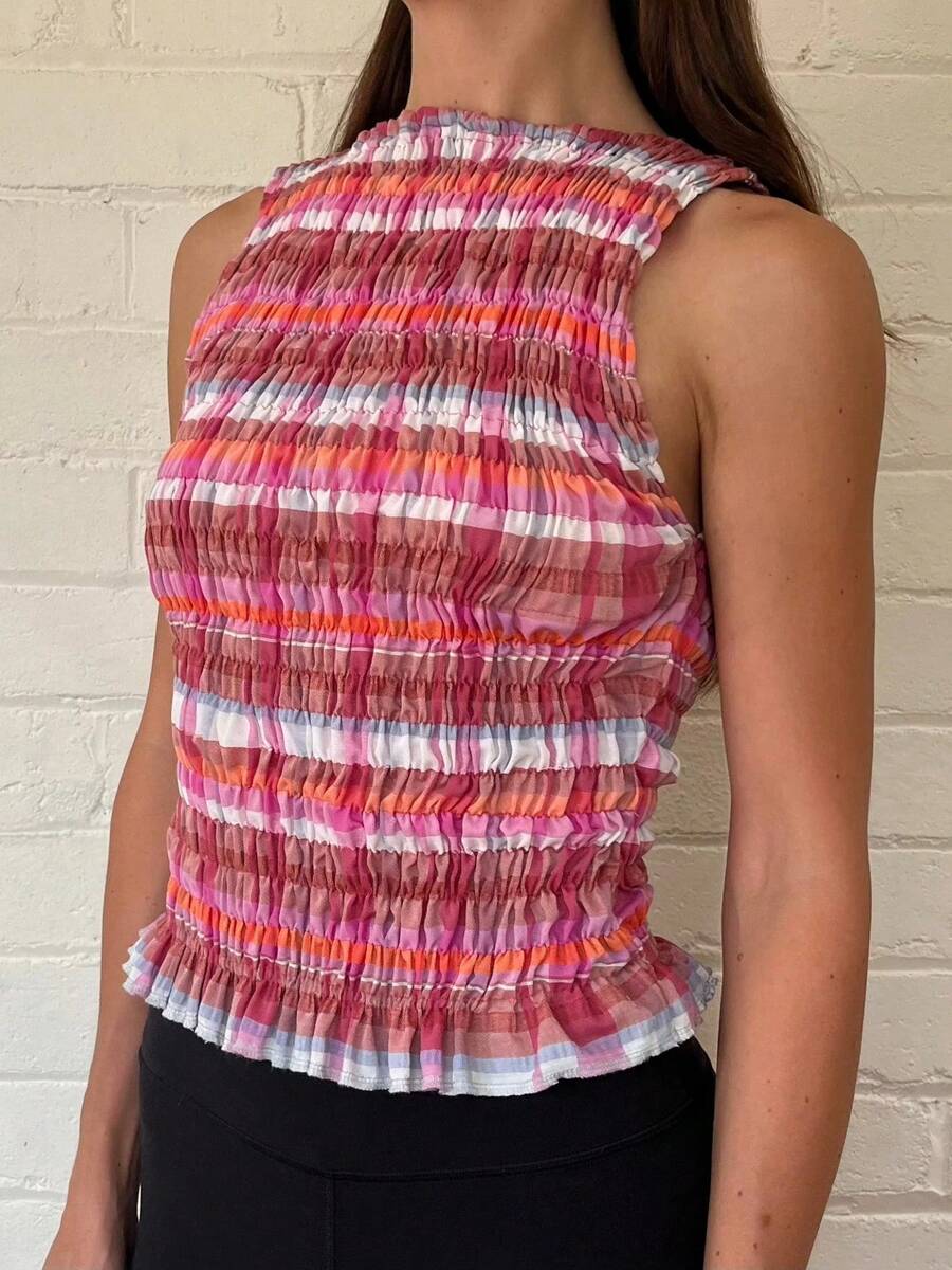 Women Shirred Tank Top Summer Smocked Crop Tops Sleeveless Ruffle Hem Graphic Pleated Shirt Y2k Going Out Vacation Tops - Red - View 1