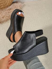 Women's Solid Color Flatform Sandals, Summer Elastic Band Platform Sandals, Casual Open Toe Sandals, Easy Slip-On Design | For Office & Daily Wear | Modern Design Footwear - Black - View 3