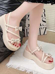 Summer New Crystal Sandals Women Outdoor Wear Bowknot Increased Height Sandals Black Classic Versatile Holiday Beach Strap Sandals Women Thick Bottom Platform Increased Height Slimming Cute Fairy Roman Sandals For Women