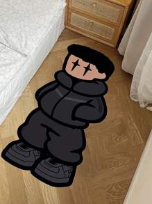 1pc Personalized Black Cartoon Character Area Rug - Crystal Velvet Easy To Clean Bedroom Decor Floor Mat, Black And White Design, Cozy For Bedroom Or Living Room, Easy Care Home Mat, Living Room Carpet, Bedroom Decor, Room Decoration, Small Rug, Blanket, Outdoor Mat