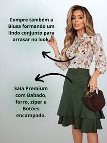 Women's Midi Skirt Fashion Evangelical Executive Casual Lined With Ruffles And Buttons - màu xanh lá - Xem 4
