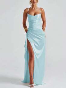 Elegant Sexy Satin Strapless Off Shoulder Ruffle Trim Waist Party Dress, Bridesmaid Dress, Formal Gown