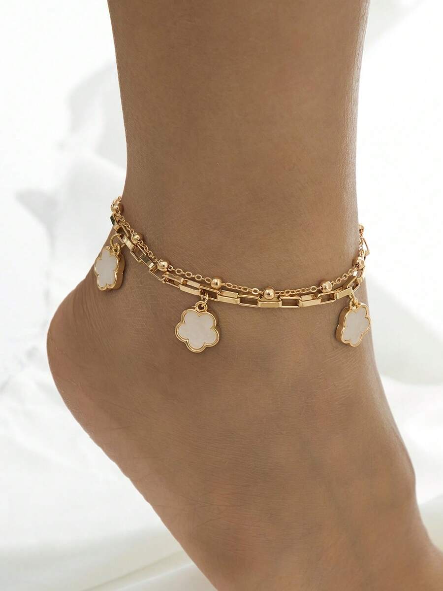 1pc Sweet & Refreshing Lucky 5-Leaf Clover Pendant Double Layer Anklet, Suitable For Beach Vacation, Travel, Evening Wear (The Number Of Beads On The Chain May Vary Randomly Due To Handmade Cutting, The Length Is Fixed) - White - View 1