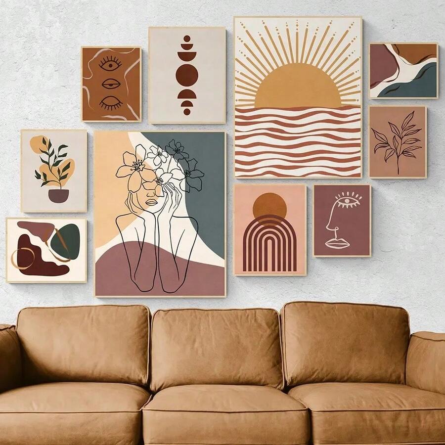 1 件焦橙色抽象墙面艺术帆布画赤土色太阳月亮简约女性线条海报波西米亚风印刷品家居装饰可选框架 - 彩色 - 查看 1