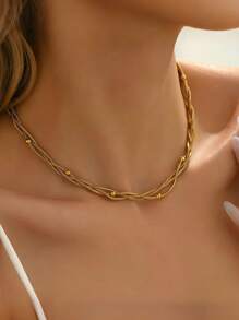 1pc Fashion Twist Design Necklace, Stainless Steel Beads Decor Snake Chain Necklacee, Minimalist Sexy Collarbone Chain Accessory, Suitable For Women For Daily Or Party Decoration