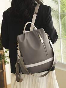 Women's Patchwork Color Block Casual Large Capacity Backpack, Minimalist Versatile Shoulder Bag, Student Backpack, Mommy Bag, Work Bag, Suitable For Travel And Students, Bookbag - Khaki - View 4