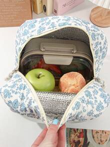 1 Piece Cute Floral&Bow Pattern Insulated Lunch Box Portable Lunch Tote Bag With Handle Corduroy Lunch Bag With Cherry Print Zippered Lunch Handbag With Woven Rope Decor Large Capacity Food Storage Bag With Compartment Suitable For Picnic, School, Office, Camping Suitable For Students, Teachers, Office Workers, Family Good Choice For Teacher's Day Gifts, Mom Gifts, Children's Day Gifts Back To School School Stuff Bag For School Lunch Bag For Women Cooler Bag Picnic Accessories