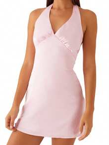 Women's Halter Neck Tank Dress Sleeveless Deep V Neck Solid Color/Floral Beach Dress - 粉色 - 查看 7
