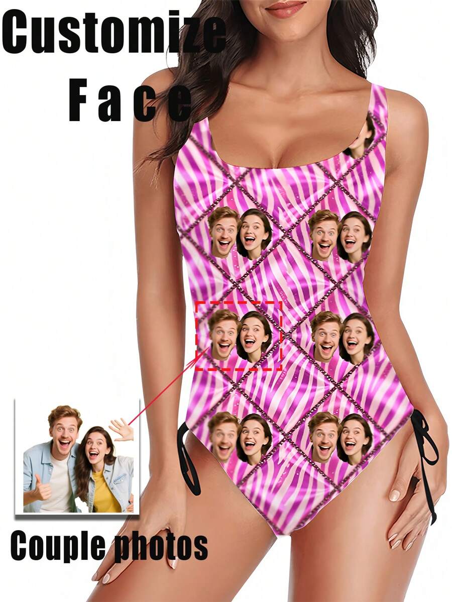 1 pieza Traje de baño de mujer con estampado personalizado de rostro, personalización de pareja, sexy y de moda, de alta elasticidad, estilo ajustado delgado, adecuado para playa y entrenamiento de natación, traje de baño de moda para jóvenes, playa, vacaciones, traje de baño para niñas, mejor regalo para novia/esposa