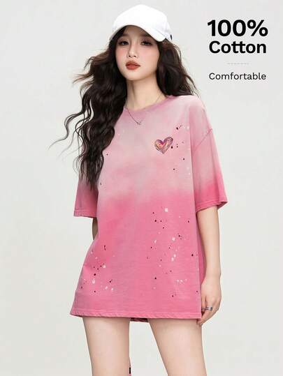 Camiseta de algodón de manga corta a media pierna con estampado de corazón en degradé lavado, top casual de verano para mujer