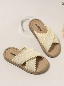 女童时尚露趾拖鞋，夏季新款童鞋，女童休闲沙滩凉鞋，防滑户外平带拖鞋，百搭软底人字拖 - 米色 - 查看 2