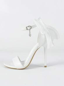 Women's White Glitter Bow Decor Strap Open Toe Super High Thin Heel Sandals, Elegant & Exquisite Leather Heels For Wedding, Party, Spring/Summer