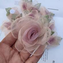 20/10pcs Pink Sheer Mesh Rose Flower Embroidered Appliques With Leaves, Handmade 3D Floral Embellishments For Hair Clips And Craft Decorations