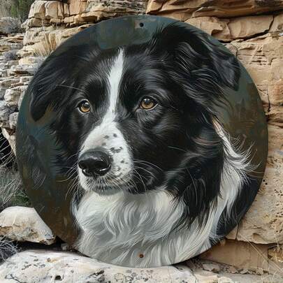 1pc Metal Round Plaque With Compelling Border Collie Portrait, Featuring Alert Eyes, Unique Wall Decor For Home, Garage And Bar, Randomly Placed Holes