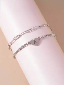 1 件朋克风格 26 字母不锈钢串珠女士/情侣手链，适合女性和情侣休闲日常佩戴 - 銀色 - 查看 5