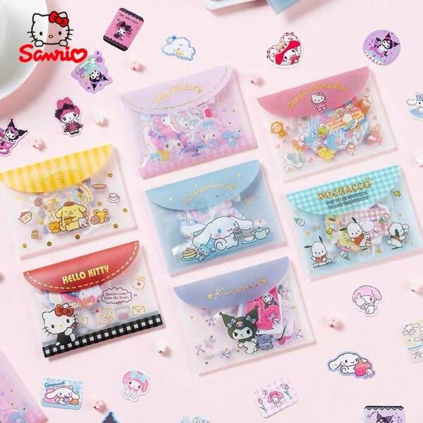 40pcs/Set Sanrio Cute Black Beauty Sticker Set - Hello Kitty, Phone Case Sticker, DIY Stickers, Decorative Stickers, Kuromi Cartoon Stickers, Anime Accessories Phone/Luggage/Notebook/Mug/Guitar Stickers, Pompompurin Cartoon DIY Stickers And My Melody Storage Bag