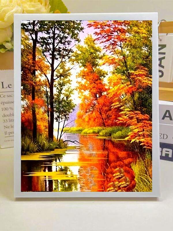 1pc Diamond Painting Kit, Autumn Stream Landscape Picture, Full Round Diamond Cross Stitch Kit, Unframed Diamond Mosaic Decor Gift, Birthday Present, Suitable For Adult Beginner, Great For Home Decor And Wall Decoration