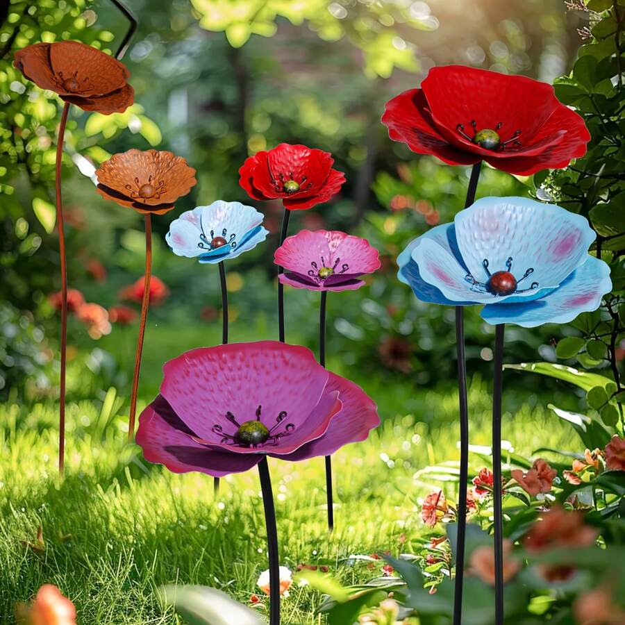 Two Metal Floral Garden Decoration Stakes, Colorful Metal Poppy Flowers For Yard Decor, Outdoor Garden Decorations For Spring And Summer, Two (Tall/Short) Garden Ornaments For Indoor And Outdoor Use, Lawn Path Yard Decoration.