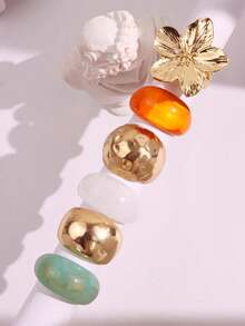 6 件套复古奢华百搭精致优雅独特几何树脂超大花朵戒指套装，女士厚实金属金鸡尾酒戒指，适合日常和派对装饰，礼品首饰套装 - 彩色 - 查看 4