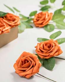 25Pcs Artificial Roses Flowers Fake Roses With Stems Real Touch Foam Flowers For DIY Wedding Bouquet Baby Shower Centerpiece Floral Arrangement Party Home Decor(Dark Red) - Burnt Orange - View 7