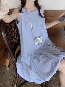 春夏休闲宽松迷你蓝色背心连衣裙，优雅别致韩版无袖圆领复古派对短裙，可爱毕业季服装，外出吊带裙，A字简约纯色服装，时尚新款假日女式中长连衣裙，圆领吊带裙，波西米亚风连衣裙 - 淺藍色 - 查看 6