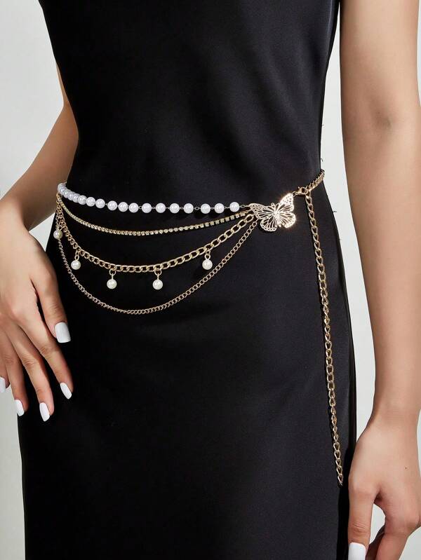 1pc Women Pearl Butterfly Multi-Layer Tassel Waist Chain, Personalized Waist Decoration For Wedding, Birthday, Party, Daily Wear