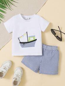 2 Pieces Summer Outfit Toddler Baby Boy Sailing Short Sleeve T-Shirt Plaid Shorts Set Baby Boys Clothes