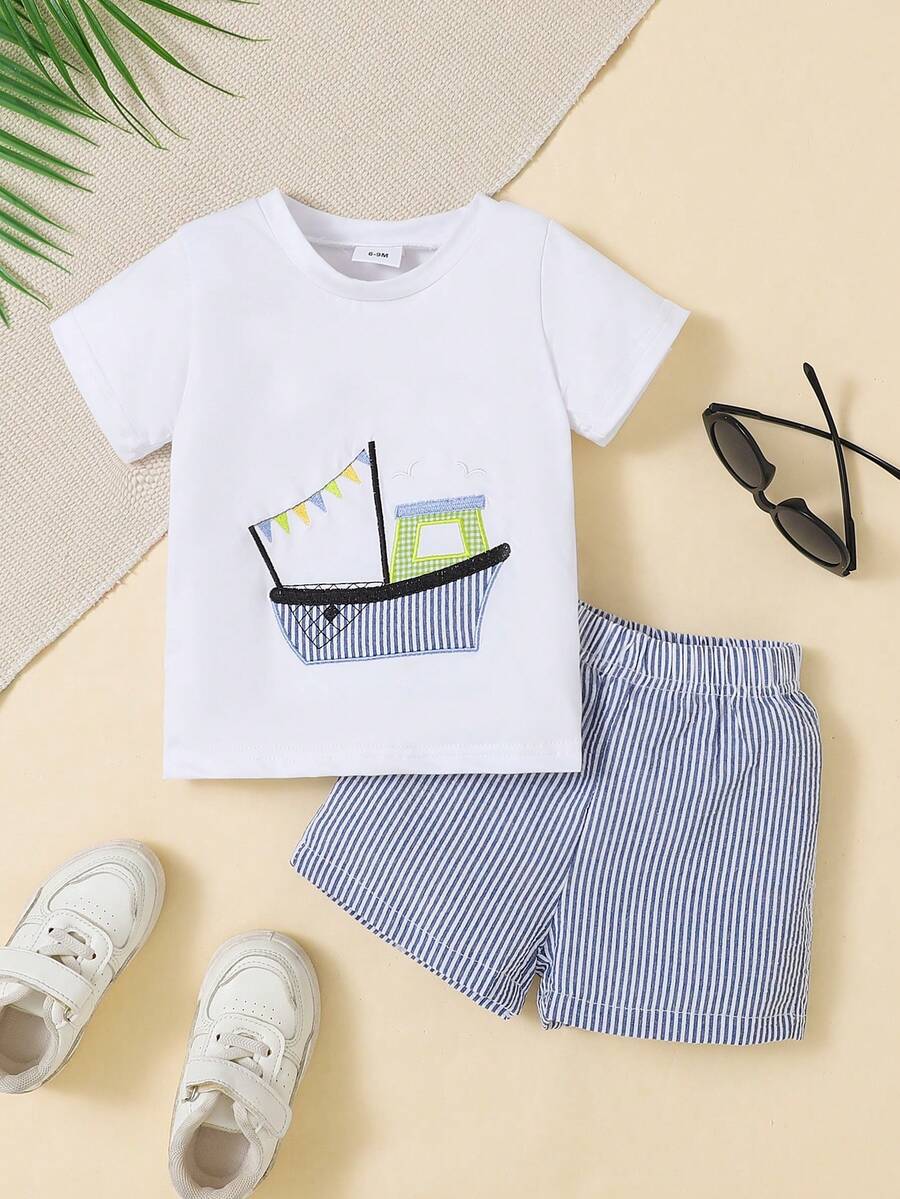 2 Pieces Summer Outfit Toddler Baby Boy Sailing Short Sleeve T-Shirt Plaid Shorts Set Baby Boys Clothes