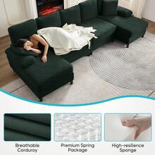 112" Upholstered U Shaped Sectional Couches, Corduroy Living Room Furniture,Large 4-Seater Sofa With Double Chaises And Sleepable Armrests,Throw Pillows For Couches Sofas Living Room - 綠色 - 查看 6