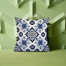 TOPSSCTR Set Of 4 Traditional Geometric Blue Porcelain Pattern Throw Pillow Covers, Polyester Zippered Cushion Cases, Machine Washable Woven Decorative Pillowcases For Various Room Types, 45cm X 45cm - No Insert, Single Side Design
