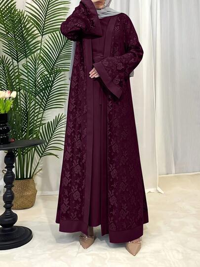 2pcs Set: Solid Color Lace Kimono Cardigan & Long Sleeve Dress, Elegant European & Middle Eastern Arabic Turkish Dubai Style Abaya