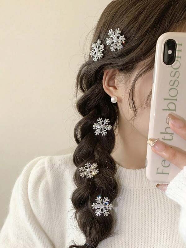 5/10 peças de grampos de cabelo femininos de pérolas e floco de neve prateados, grampos de cabelo com franjas pequenas e diamantes falsos de inverno, doces e elegantes para o dia a dia, presentes indispensáveis para o Natal, Ano Novo e Dia dos Namorados