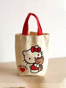 Sanrio Sanrio 1pc Working Adult Tote Bag, Canvas Bucket Bag, Cute Bucket Lunch Bag, Mothers Out Tote Kitty Cat Bucket Bag, Handbag, Canvas Bucket Bag, Cute Bucket-Shaped Handbag, Lunch Bag, Mother's Bag For Going Out.Travel Essentials Travel Accessories Vacation Summer Holiday Back To School