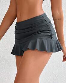 Halcurt Women's Low Waisted Ruched Ruffle Swim Skirts With Hipster Bikini Bottoms Tummy Control Swimsuit - Grey - View 2