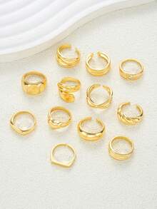 17KM 12 件不对称夸张古钱币风格戒指套装，适合节日、休闲、约会、女士礼物 - 金黃色 - 查看 3